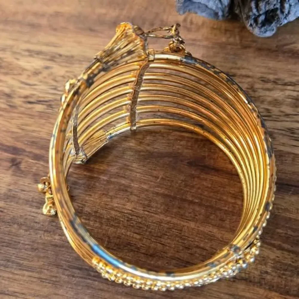 Gold Tone Multi Band Rhinestone Bangle Bracelet Floral Charm 2.5